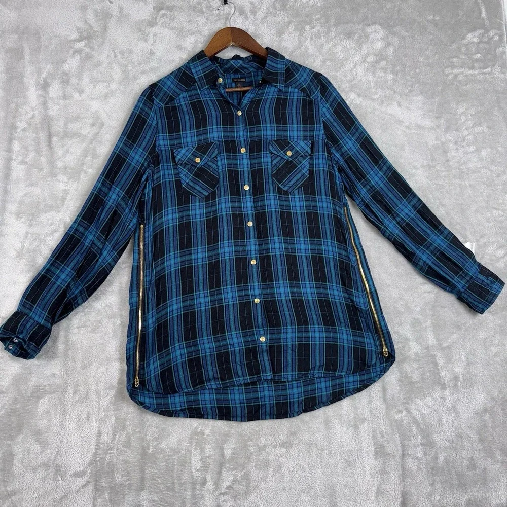True Religion Plaid Top Logo Black Aqua‎ Blue Tunic Zip Women's Size Large Snaps